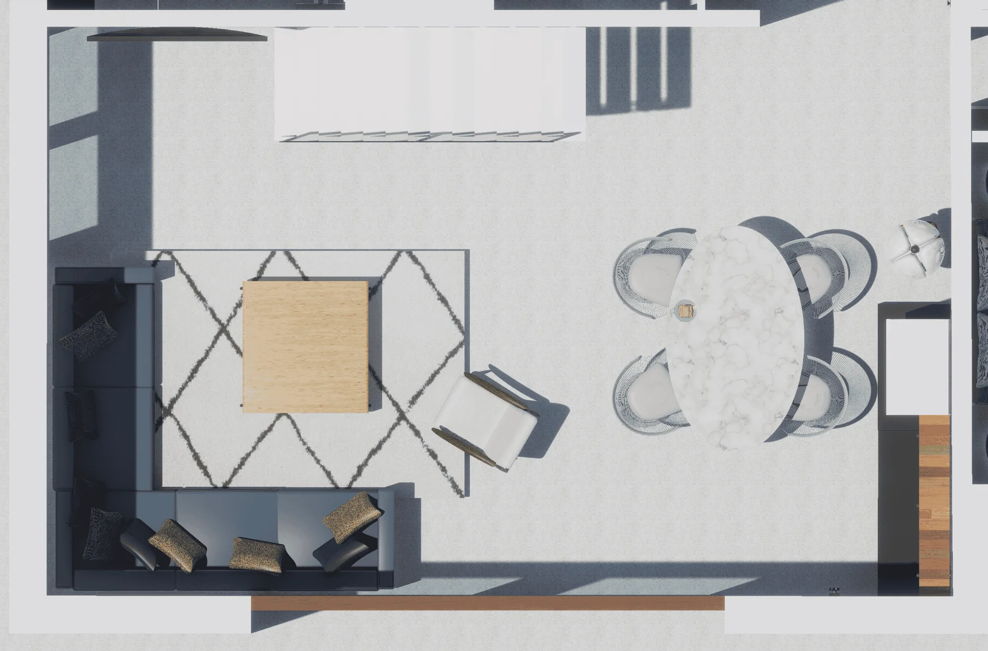 Vue de dessus en 3D d’un salon et d’une salle à manger réaménagés, avec un canapé d’angle, une table basse, et une table à manger ovale.