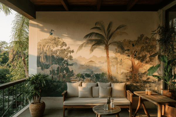 Mur extérieur avec fresque murale colorée représentant un paysage tropical ou des motifs géométriques