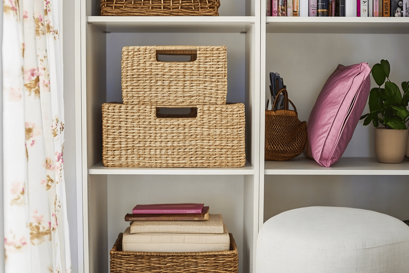 Armoire blanche avec étagères ouvertes contenant des boîtes en rotin et livres colorés