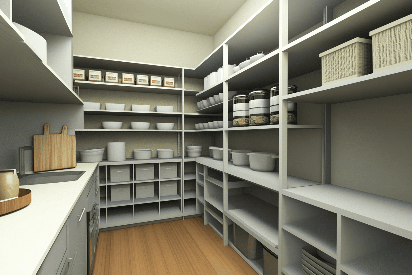 Arrière-cuisine moderne avec des étagères de rangement et un espace de tri intégré.