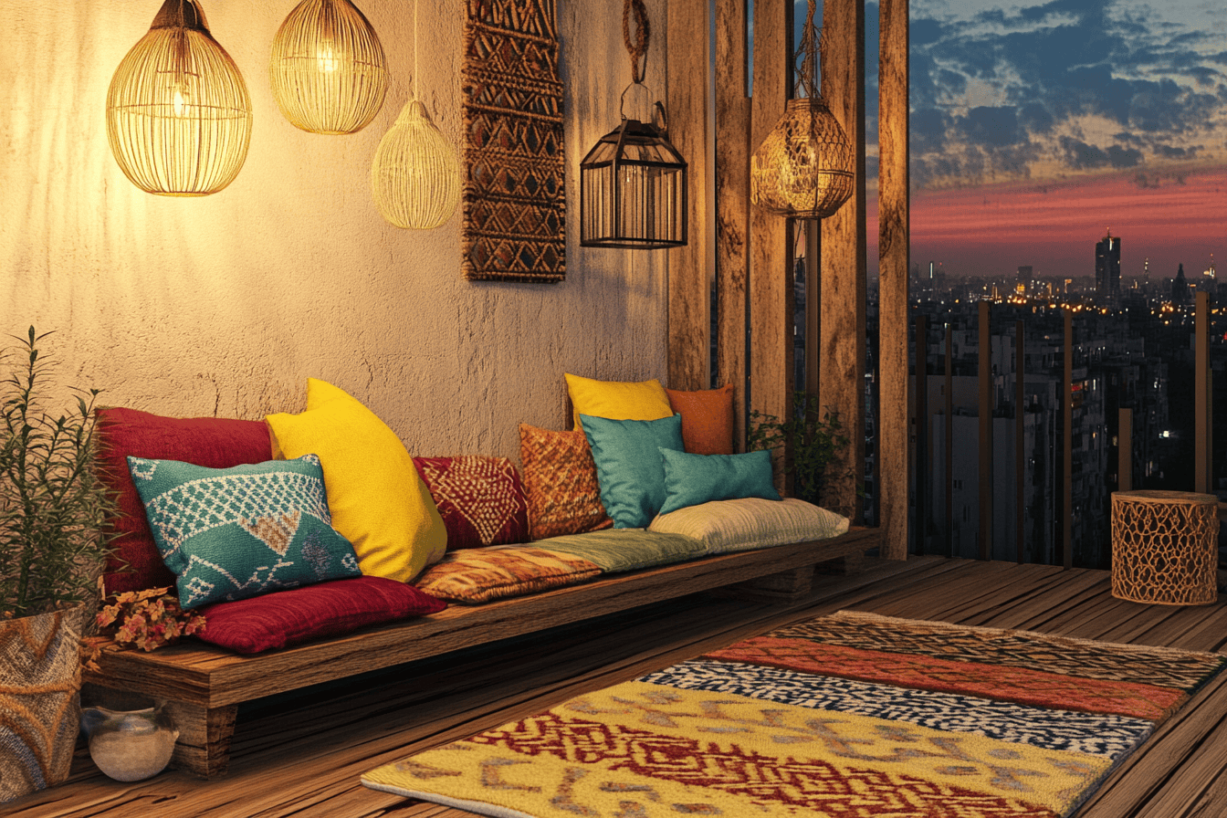 Balcon décoré avec coussins colorés, tapis ethnique et lanternes métalliques