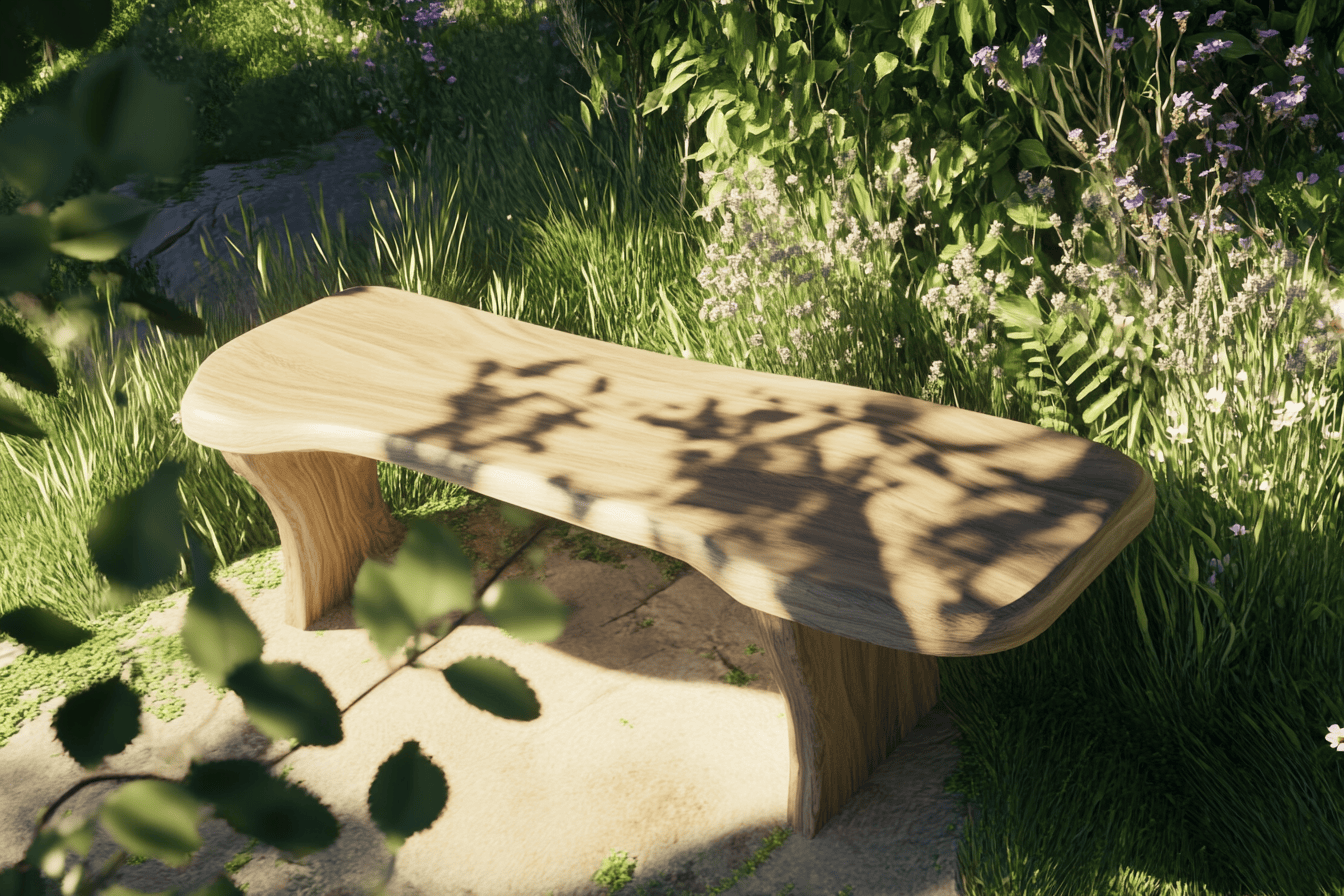 Banc en bois entouré de verdure dans un jardin en pente.