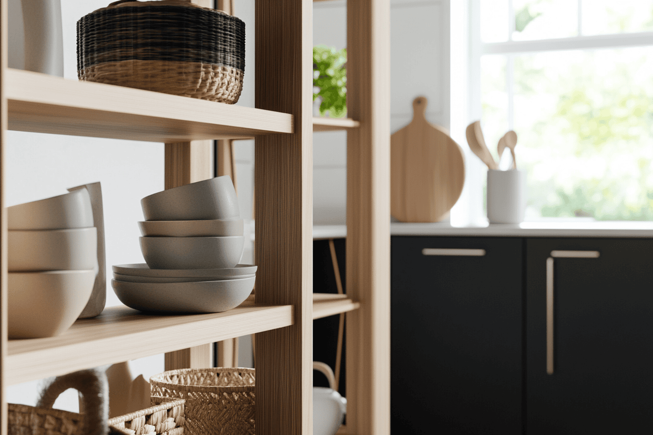 Bibliothèque en bois clair séparant une cuisine noire d’un salon scandinave