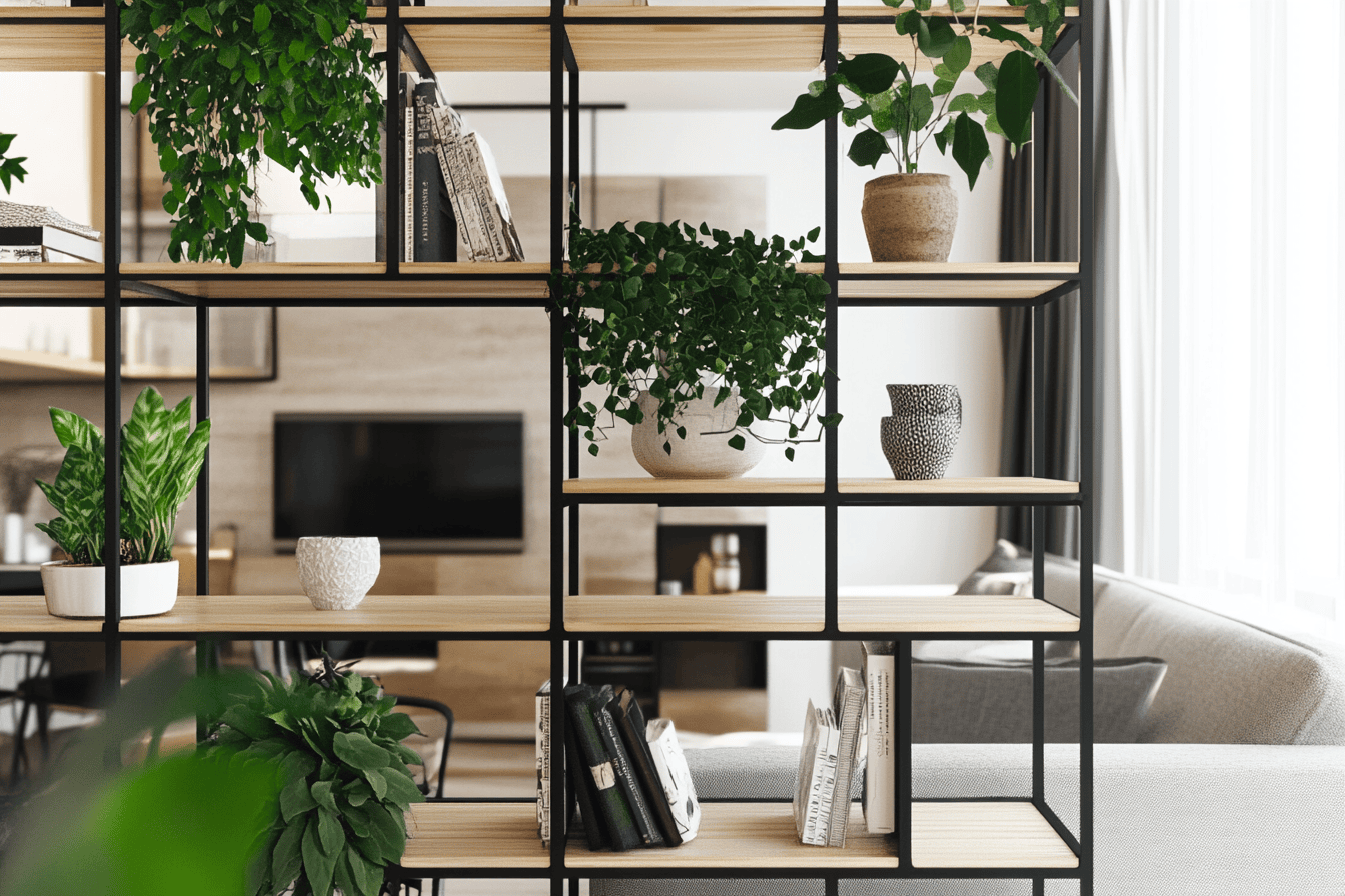 Bibliothèque ouverte servant de séparation entre le salon et la salle à manger avec plantes et livres