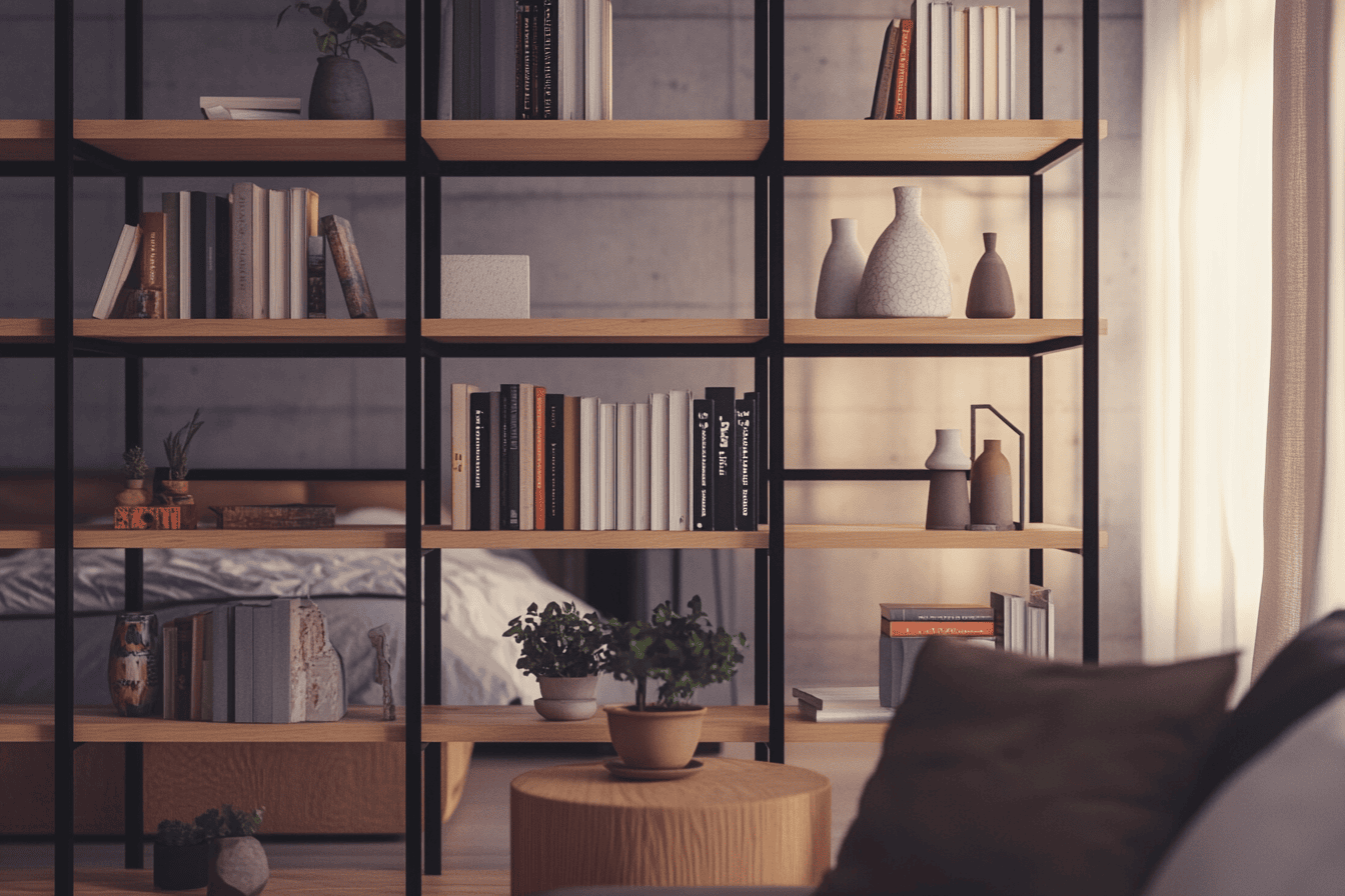 Bibliothèque moderne remplie de livres séparant le salon de la chambre