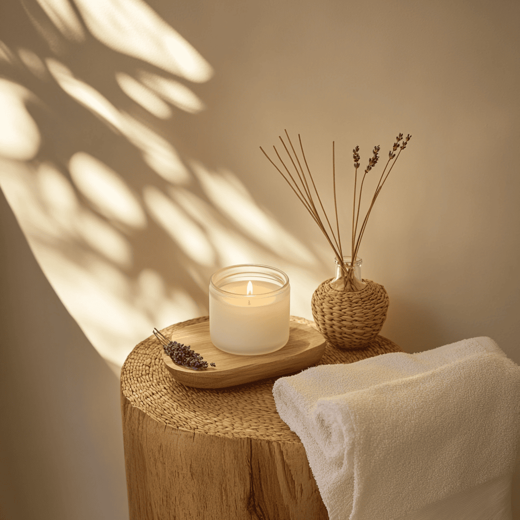 Bougie végétale et diffuseur bois sur table en bois dans des toilettes minimalistes