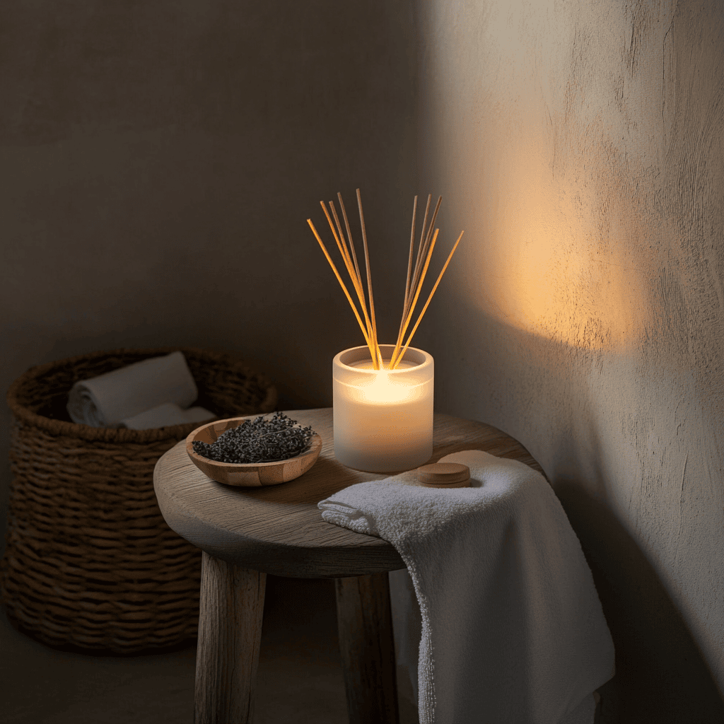 Bougie végétale et diffuseur bois sur table en bois dans des toilettes minimalistes