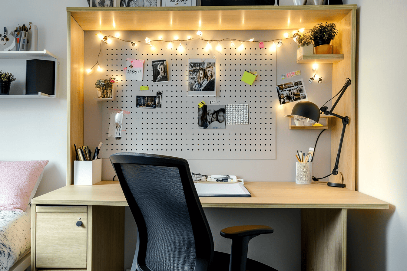 Bureau en bois clair avec chaise pivotante noire et pegboard décoré de photos et LED