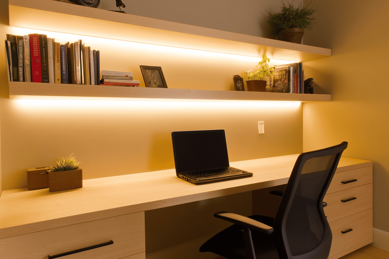 Bureau minimaliste en bois clair avec étagères murales et chaise noire