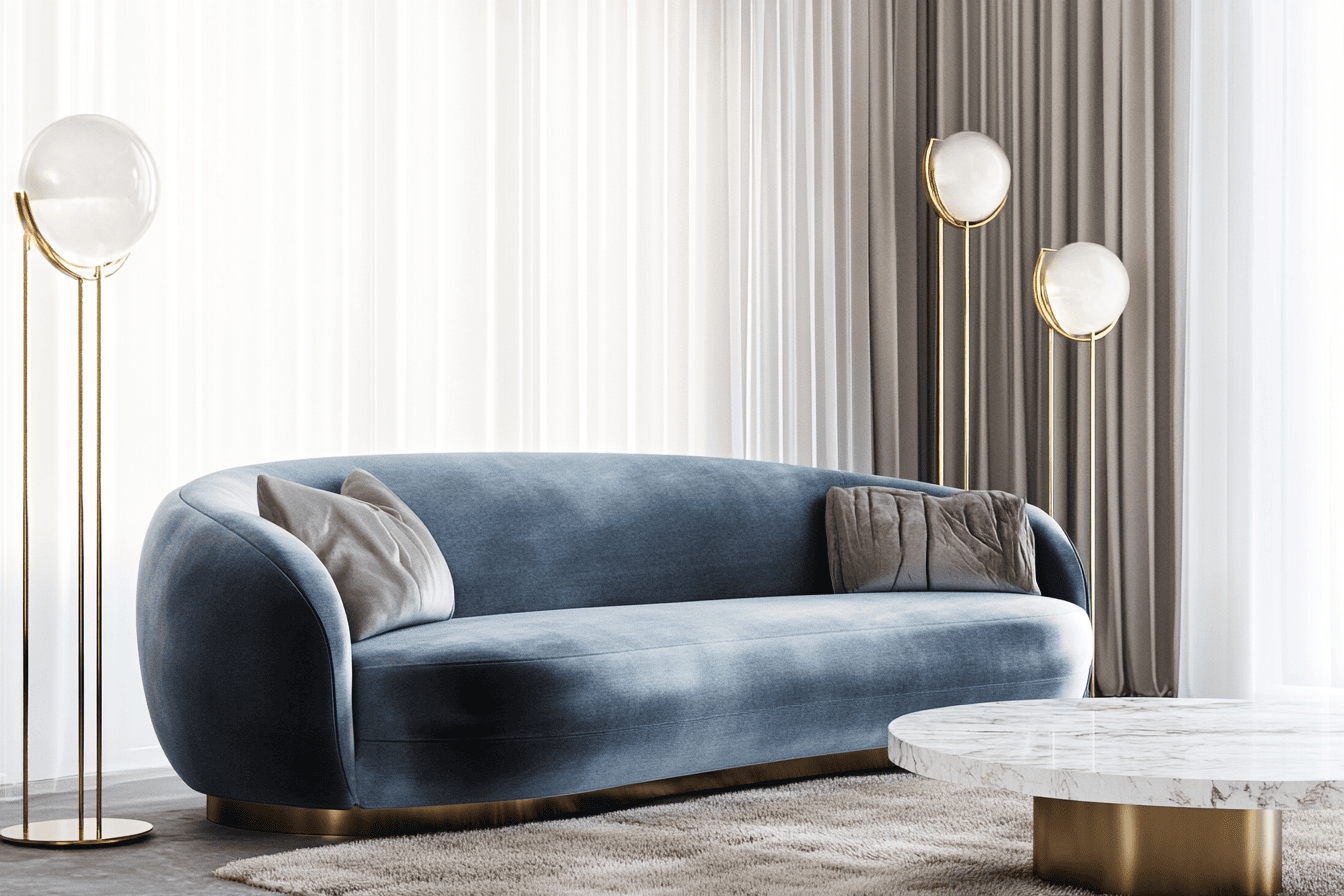 Canapé arche en velours bleu ciel dans un salon minimaliste avec tapis beige et lampes dorées