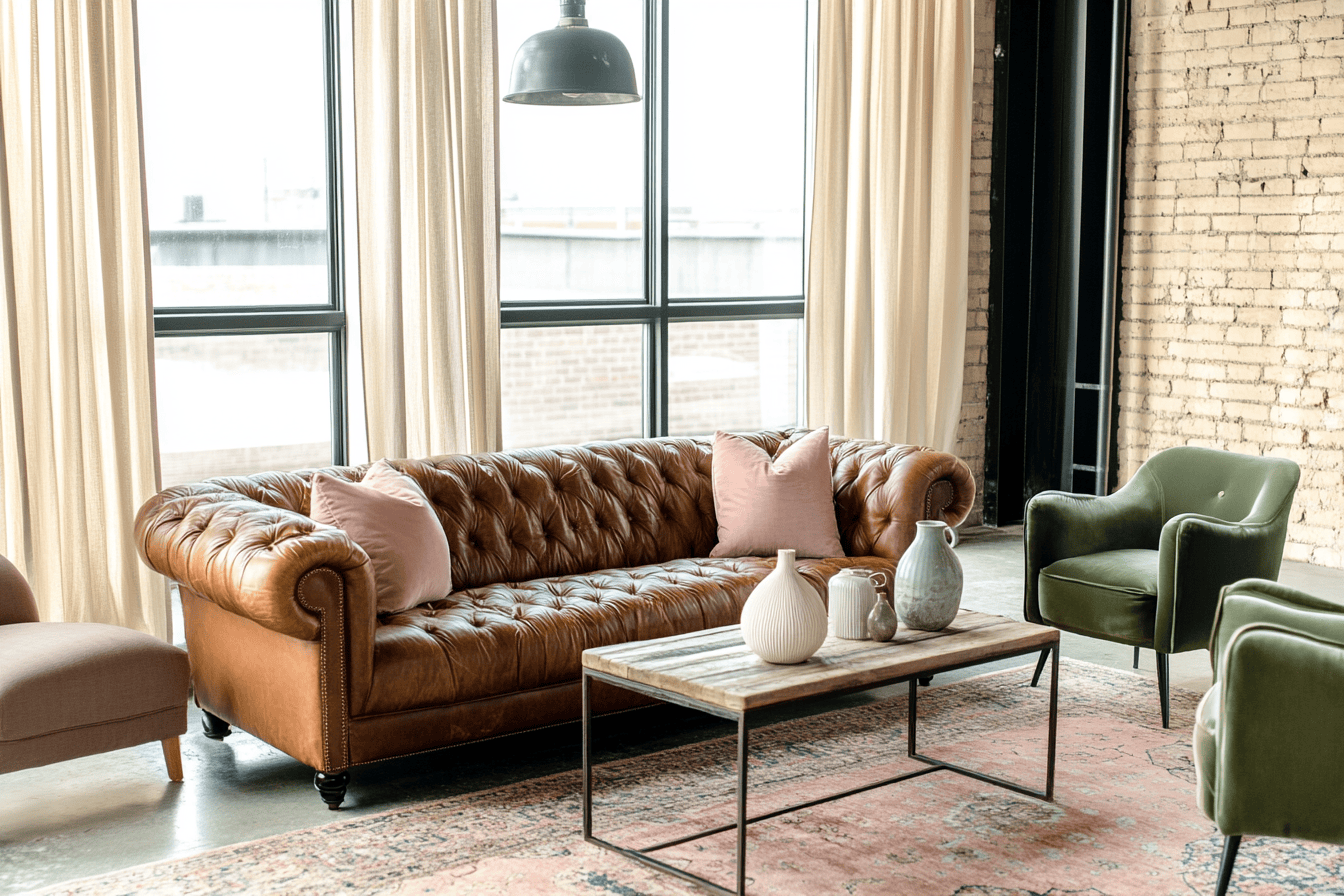 Salon industriel avec canapé Chesterfield et fauteuils en velours pastel