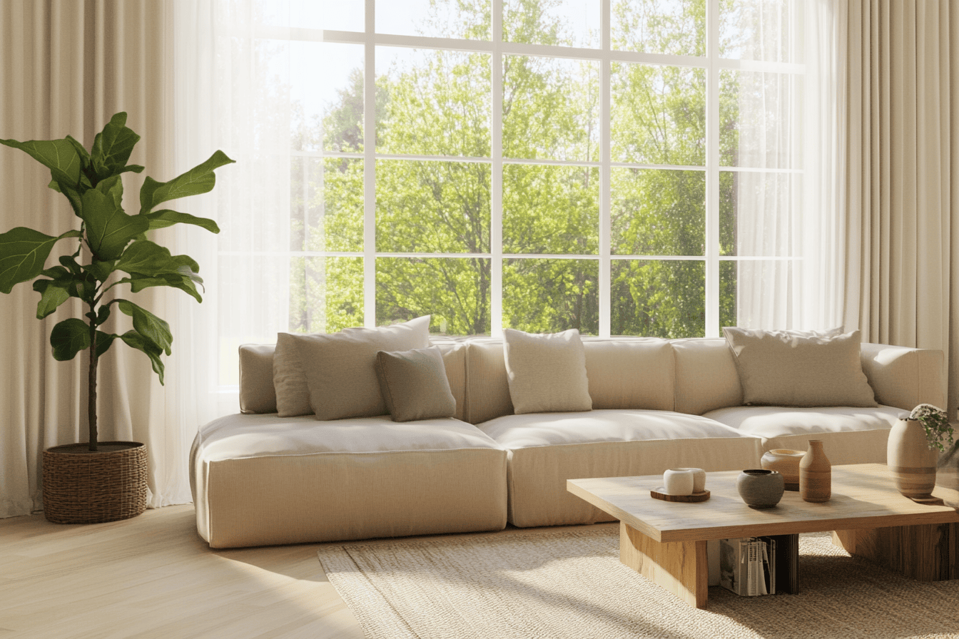 Salon lumineux avec canapé positionné face à une grande baie vitrée