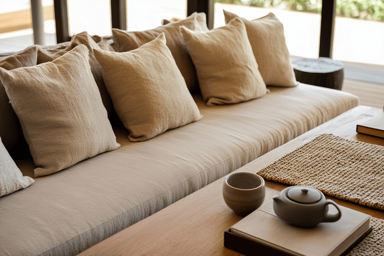 Canapé nuage beige entouré de coussins laine et tapis en lin naturel dans un salon minimaliste