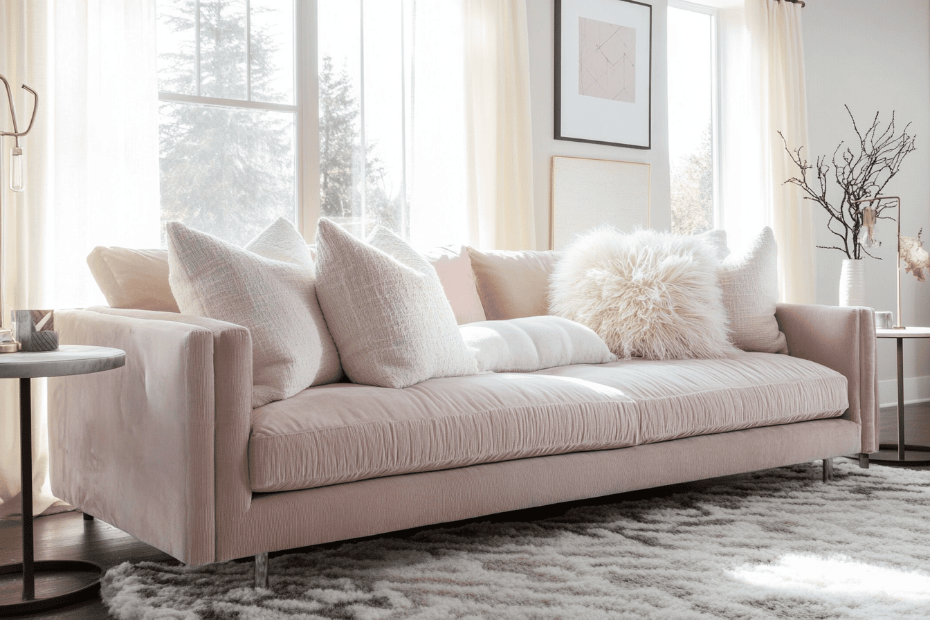 Canapé pastel métallique avec coussins en laine bouclée et tapis berbère à motifs géométriques