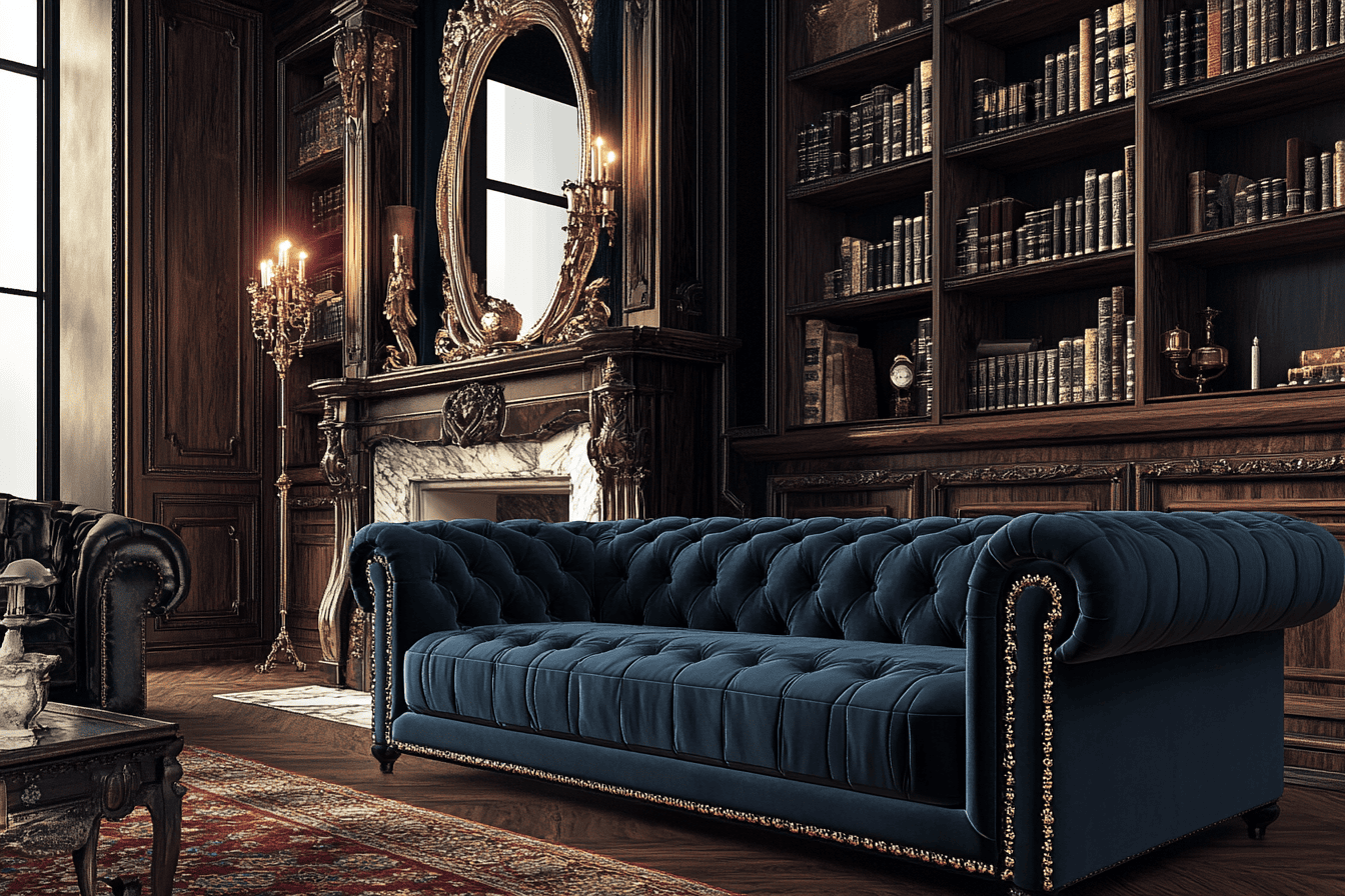 Salon victorien avec canapé en velours bleu et mobilier en bois sculpté