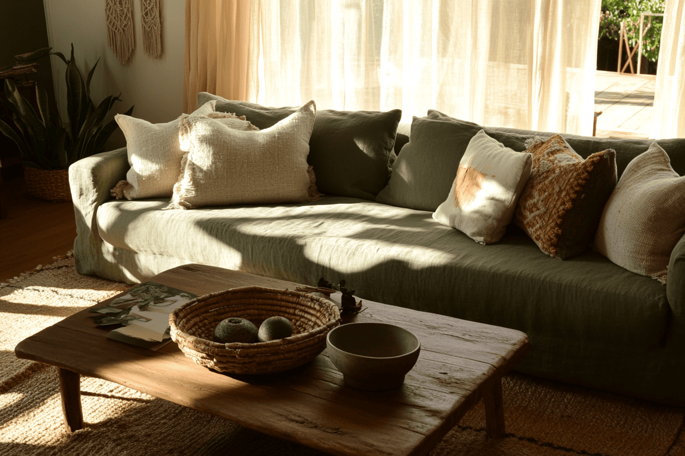 Canapé vert sauge dans un salon boho avec coussins en lin et table basse en bois brut