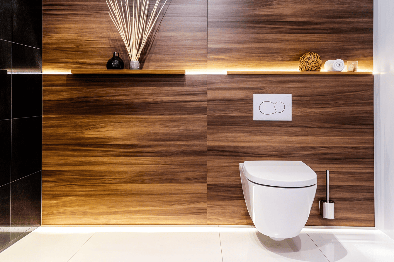 Mur derrière les toilettes recouvert de carrelage imitation bois et sol blanc