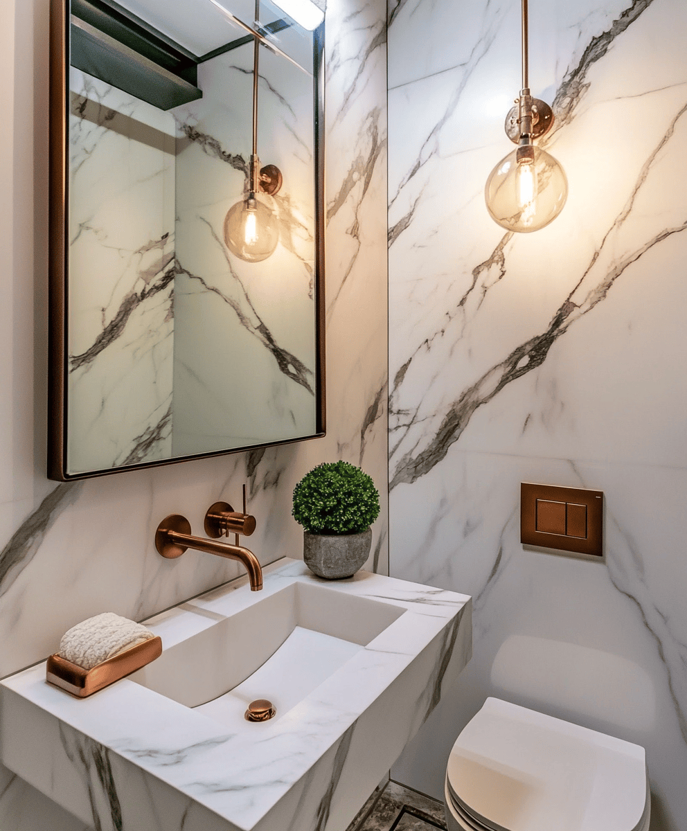 Toilettes luxueuses avec carrelage en marbre et accessoires en cuivre