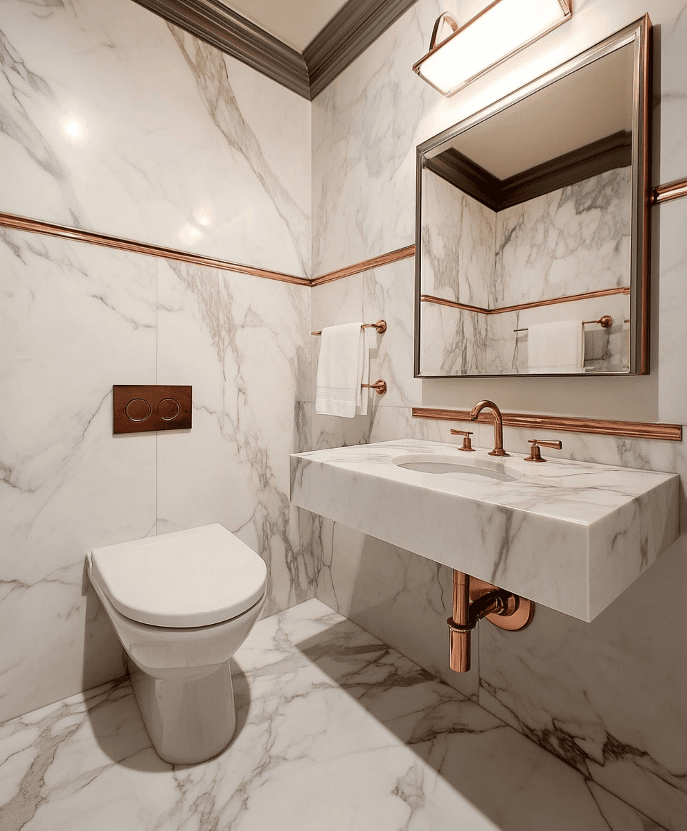 Toilettes luxueuses avec carrelage en marbre et accessoires en cuivre