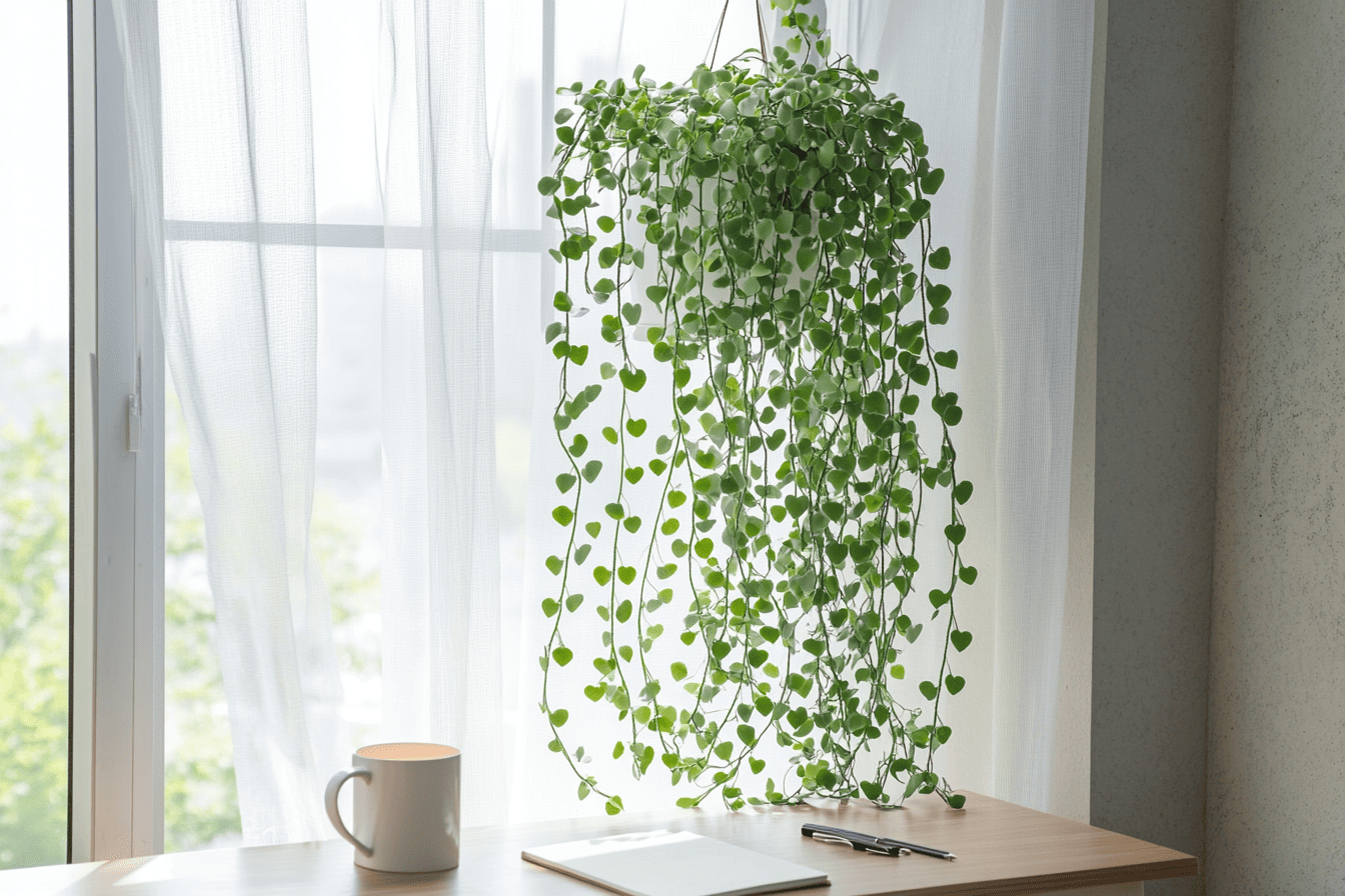 Ceropegia suspendue en forme de cœur près d’une fenêtre lumineuse