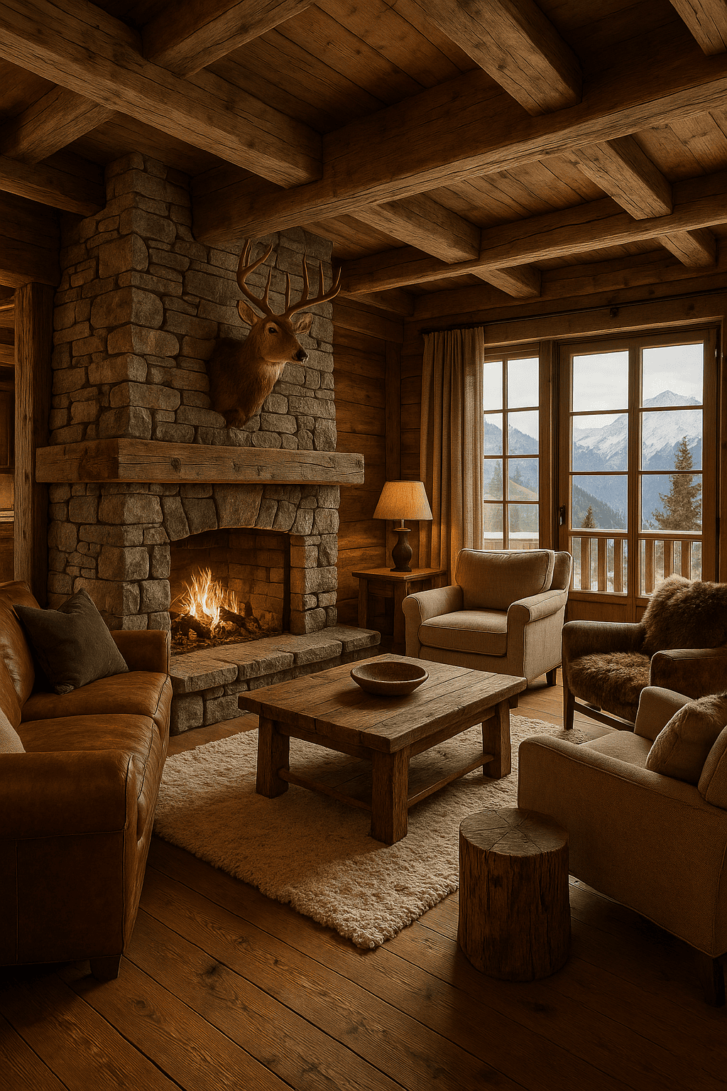 Salon de style chalet avec cheminée en pierre, poutres en bois massif et vue sur les montagnes enneigées