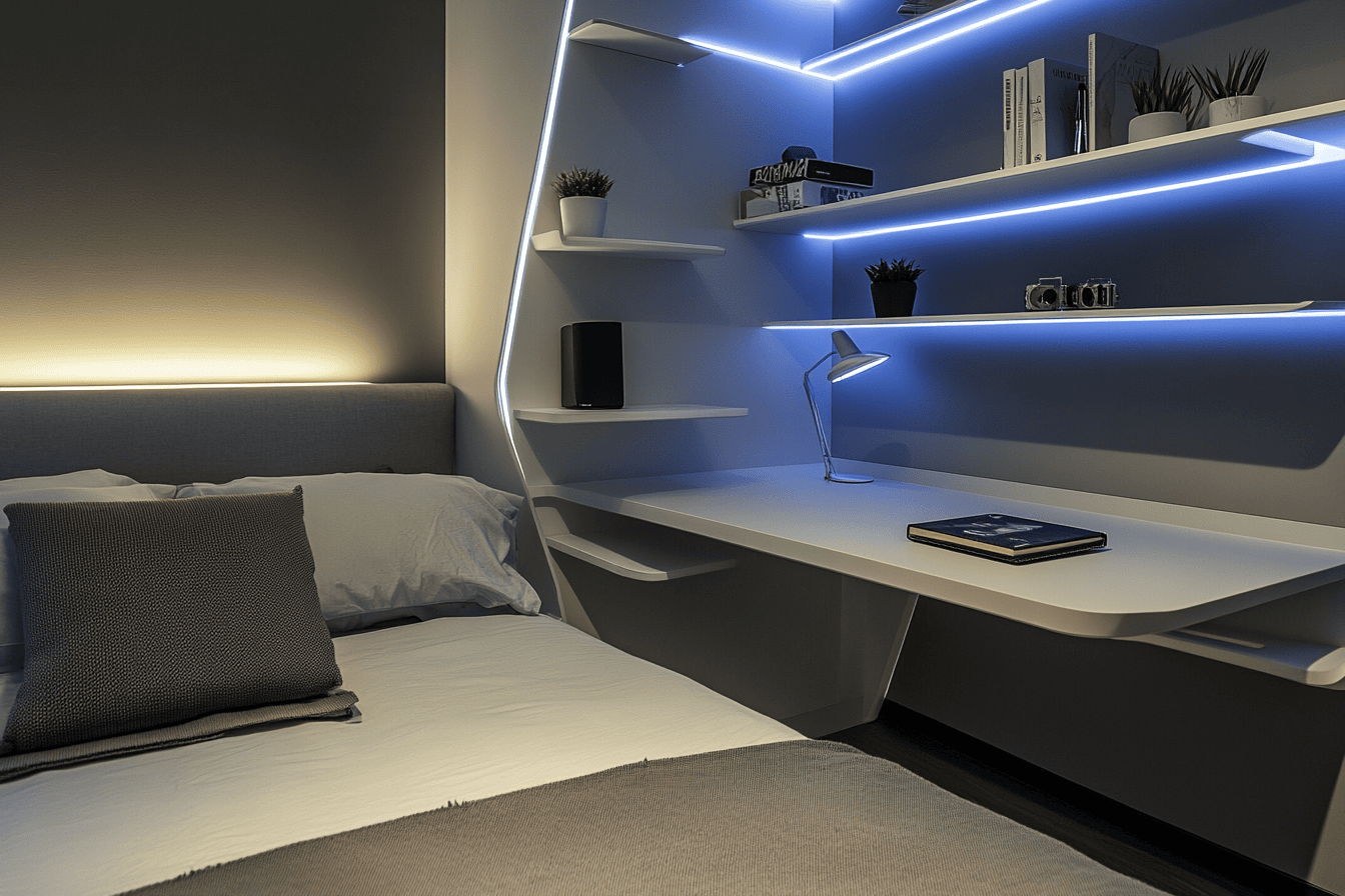 Chambre ado éclairée par bandeaux LED bleus et lampe de bureau minimaliste