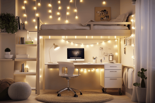 Chambre ado avec lit mezzanine en bois clair, bureau en dessous et guirlandes lumineuses suspendues