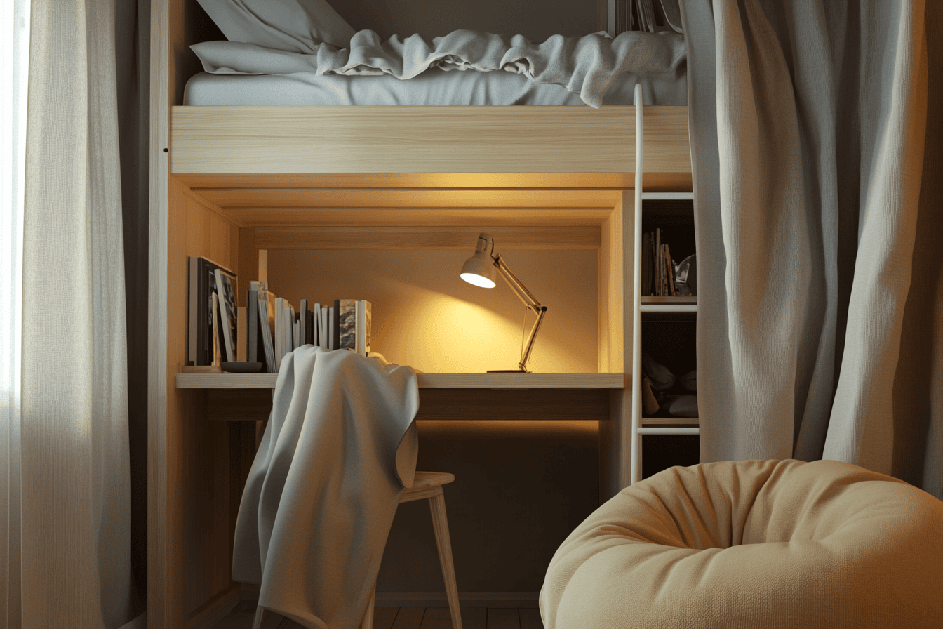 Chambre avec mezzanine bois clair, espace bureau en dessous et rideaux pour délimiter les zones
