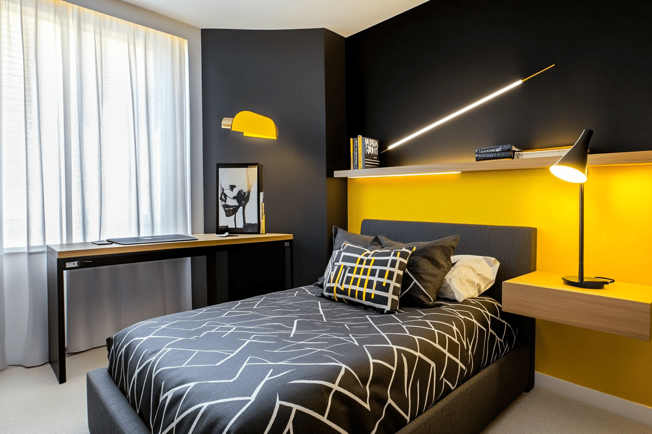 Chambre ado moderne avec mur noir et accents jaune moutarde