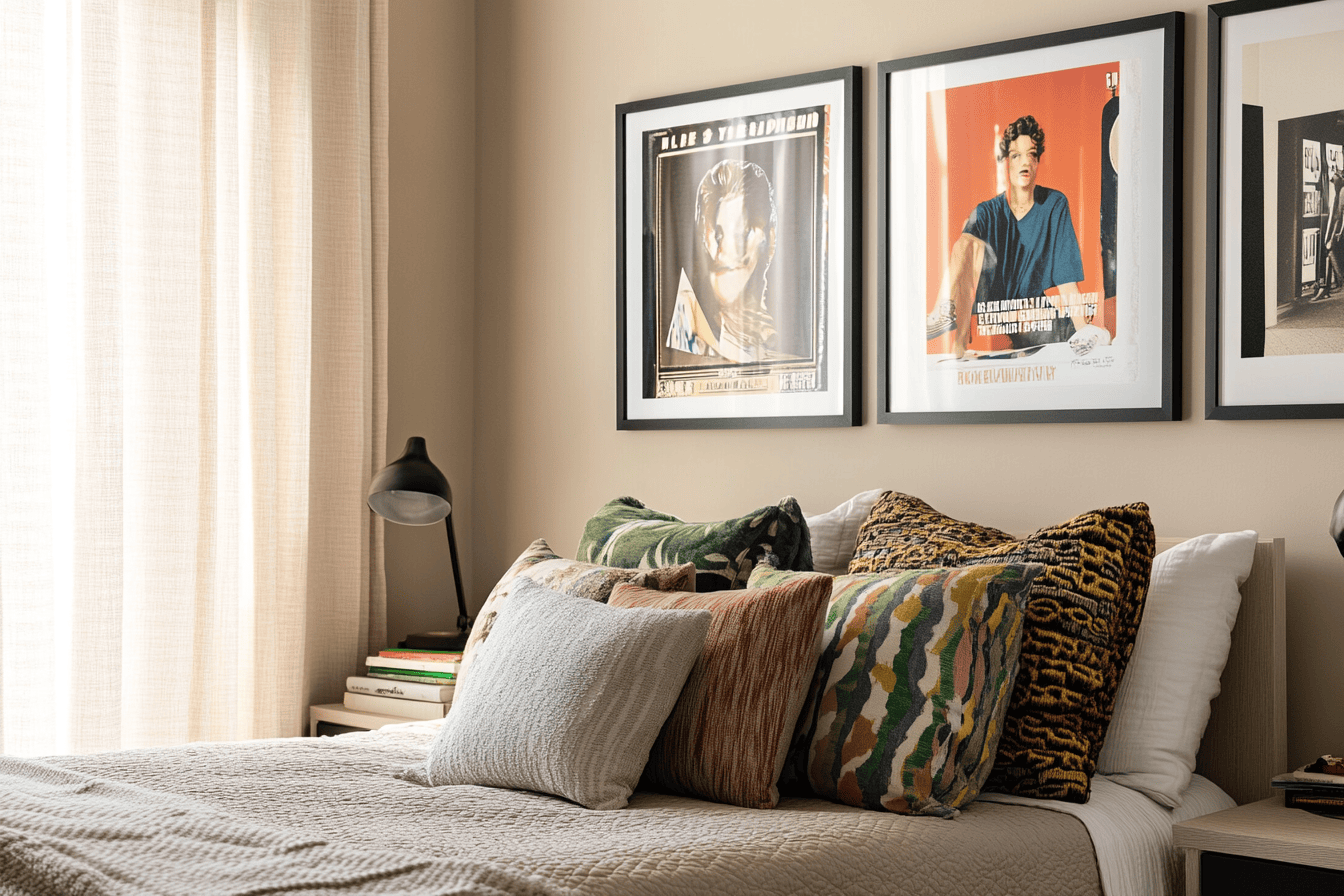 Chambre ado décorée avec affiches de films, rideaux en lin beige et coussins imprimés
