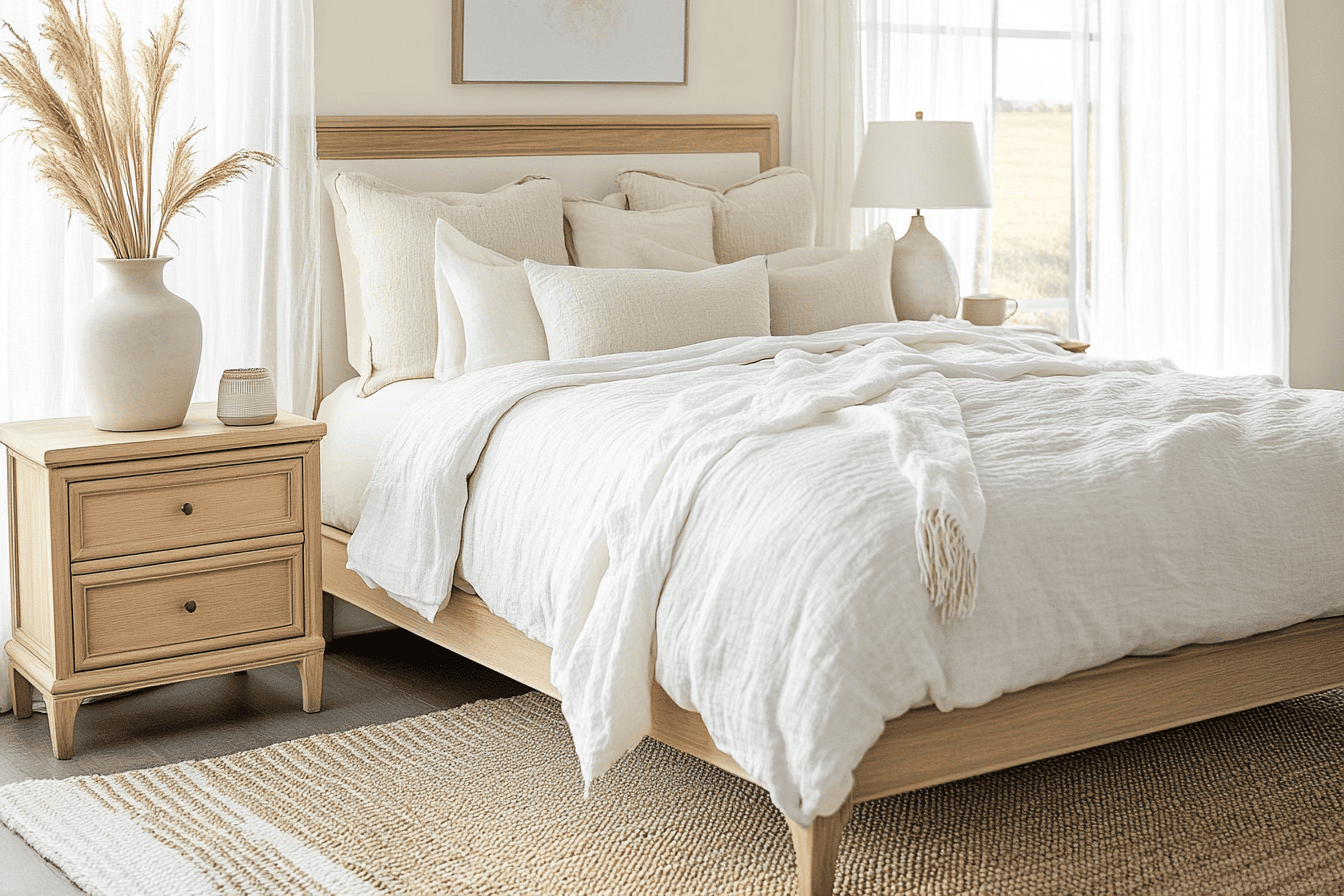 Chambre cosy avec literie en lin beige, tapis moelleux et accessoires en bois clair