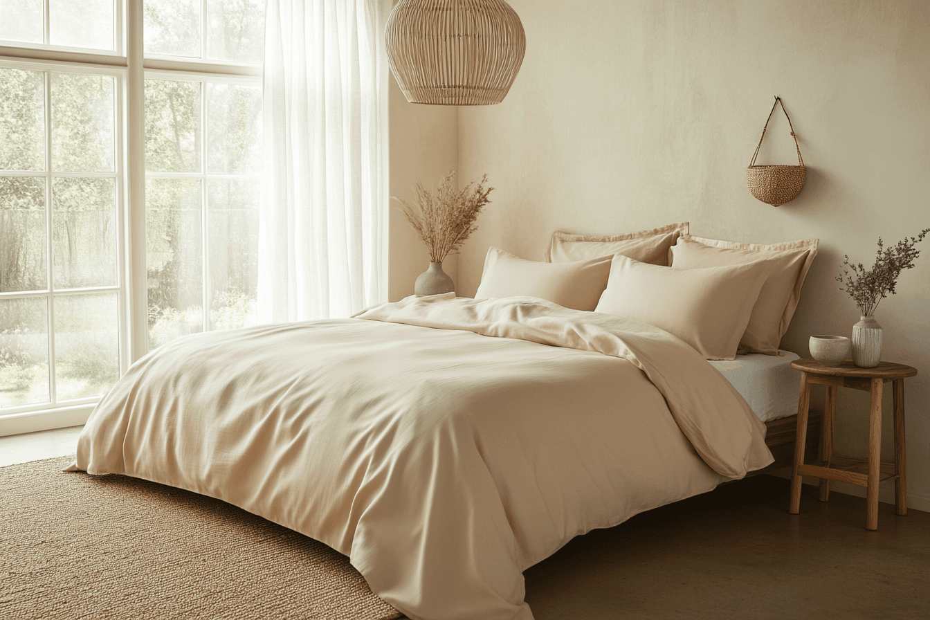 Chambre Feng Shui aux couleurs apaisantes avec linge de lit rose poudré.