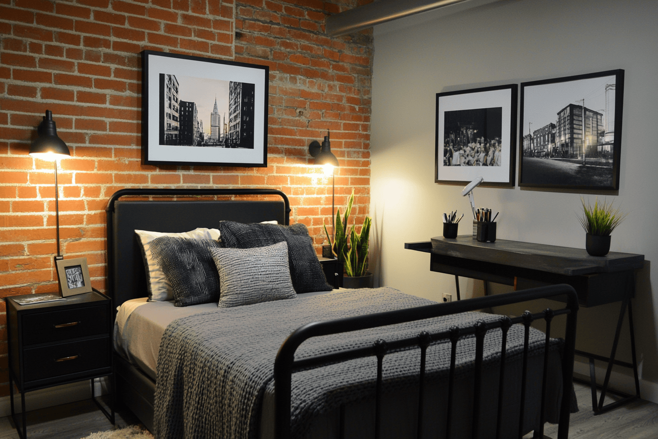 Chambre ado ambiance industrielle avec mur brique et meubles en métal noir