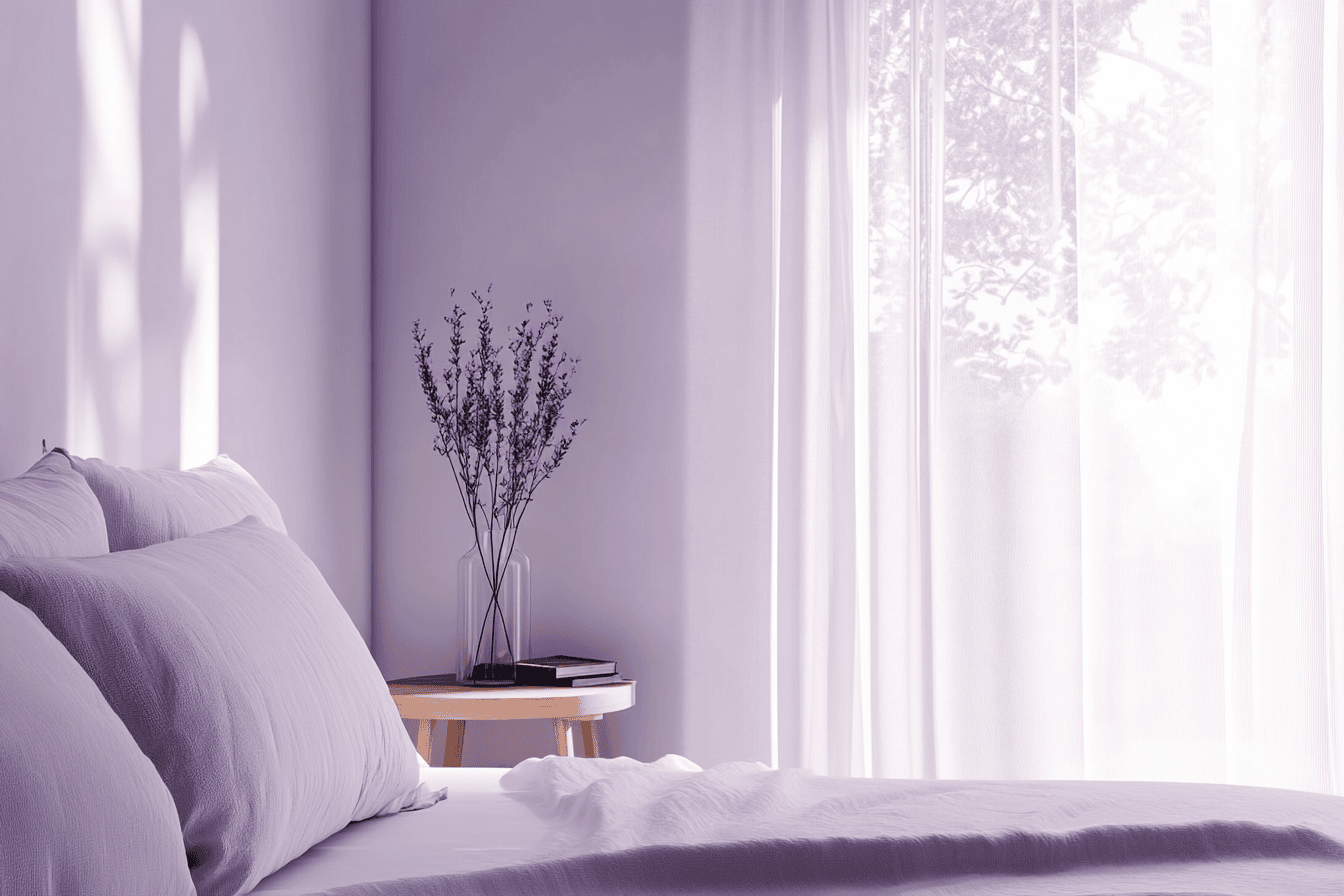 Chambre avec murs lilas et draps assortis, baignée de lumière naturelle.