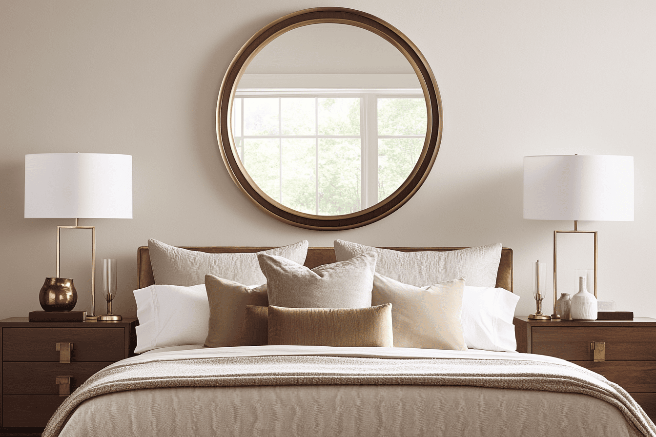 Chambre à coucher avec un miroir encadré en bronze suspendu au-dessus d’un lit.