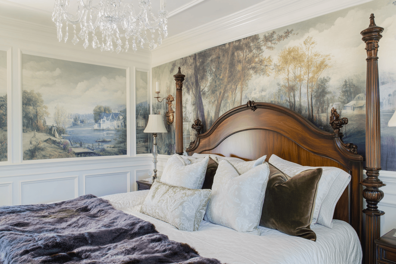Chambre élégante avec papier peint panoramique et moulures blanches classiques
