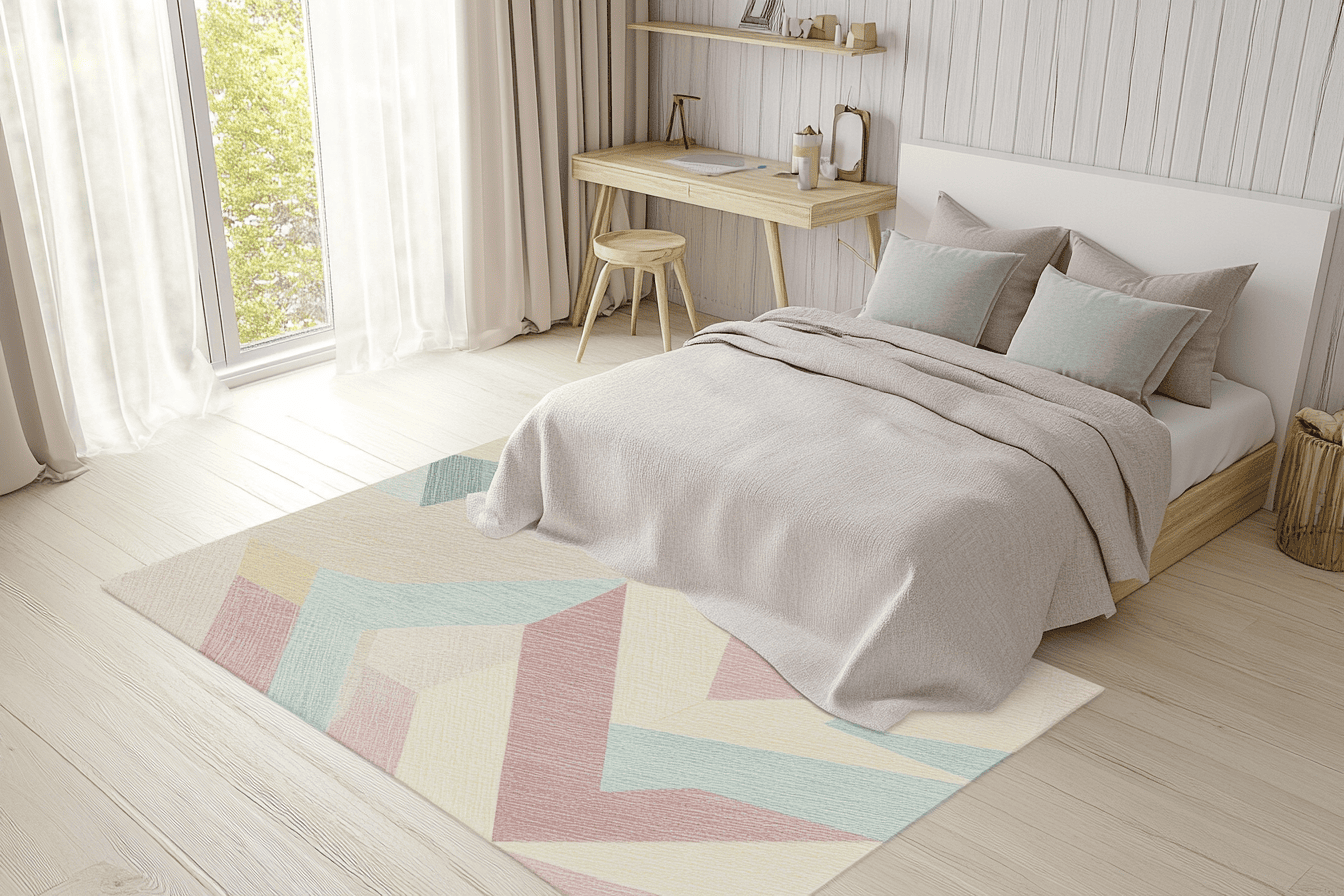Chambre ado garçon style scandinave avec tapis géométrique et teintes pastel