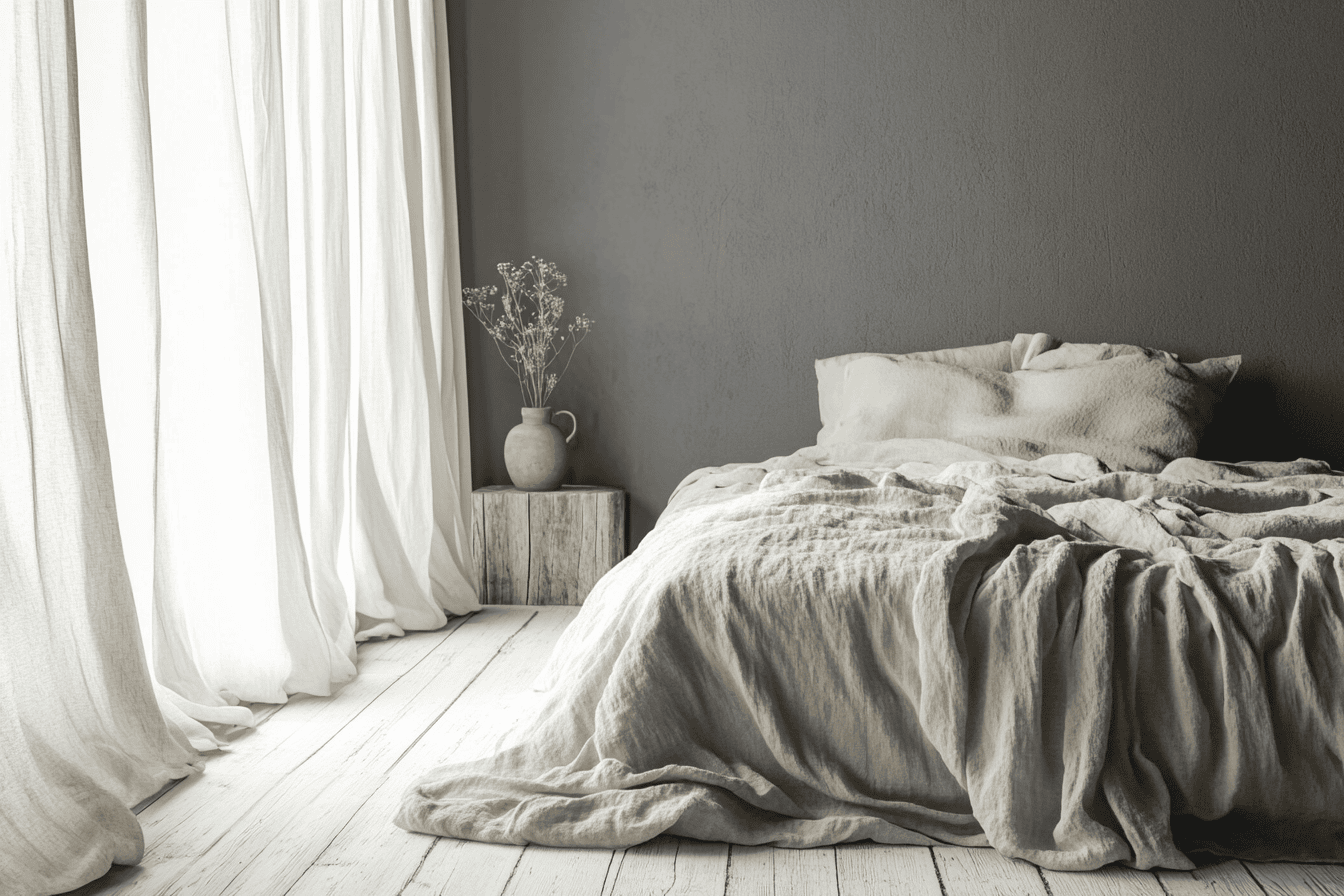 Chambre Wabi-Sabi avec linge en lin beige, mur gris clair et rideaux en coton naturelartisanale