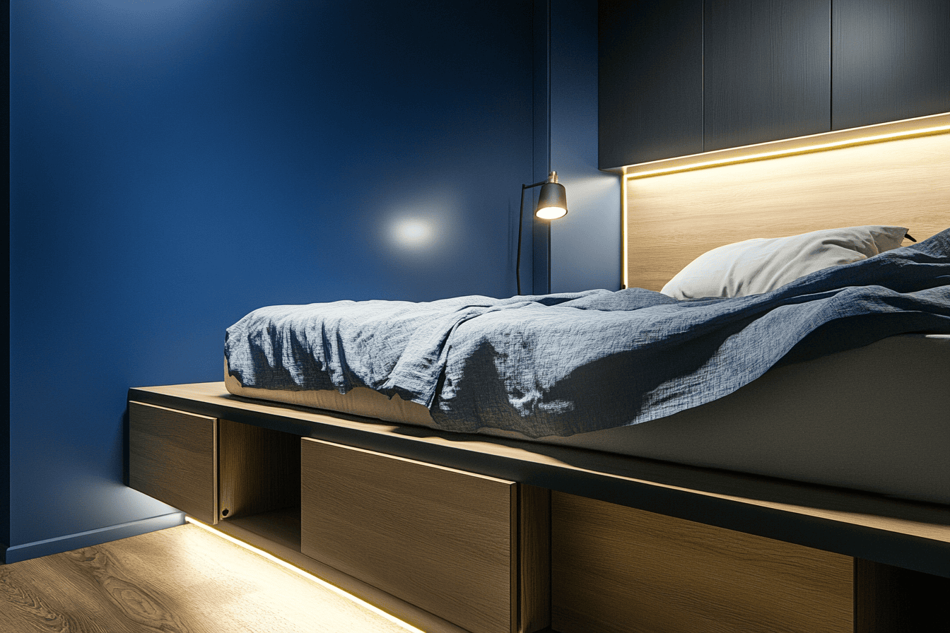 Lit sur estrade avec tiroirs et murs bleu profond pour séparer le coin nuit