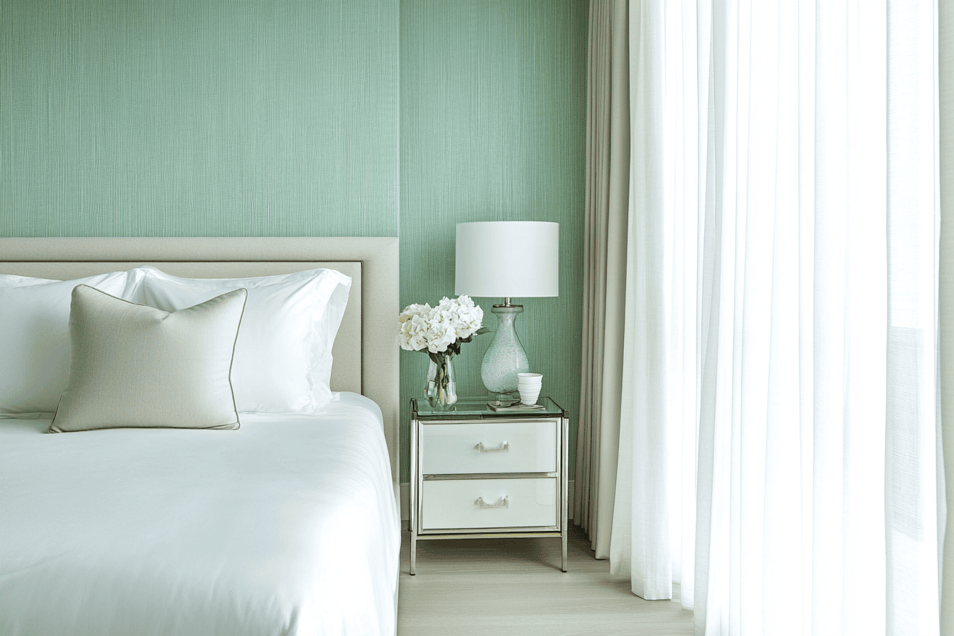 Chambre apaisante avec mur vert d’eau, linge de lit blanc en lin et coussins doux