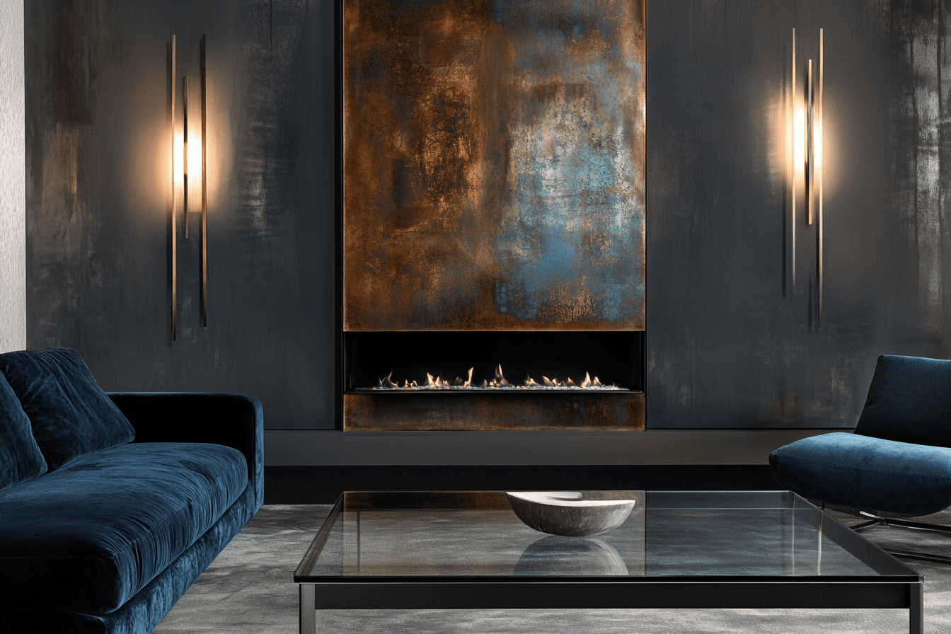 Cheminée en bronze oxydé, entourée de murs sombres et d’une décoration minimaliste.
