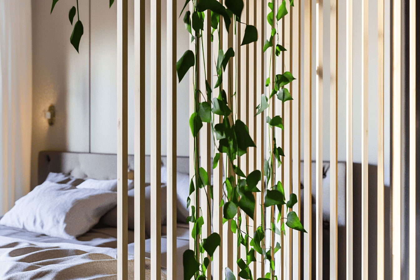 Claustra en tasseaux de bois clair avec plantes grimpantes entre salon et chambre