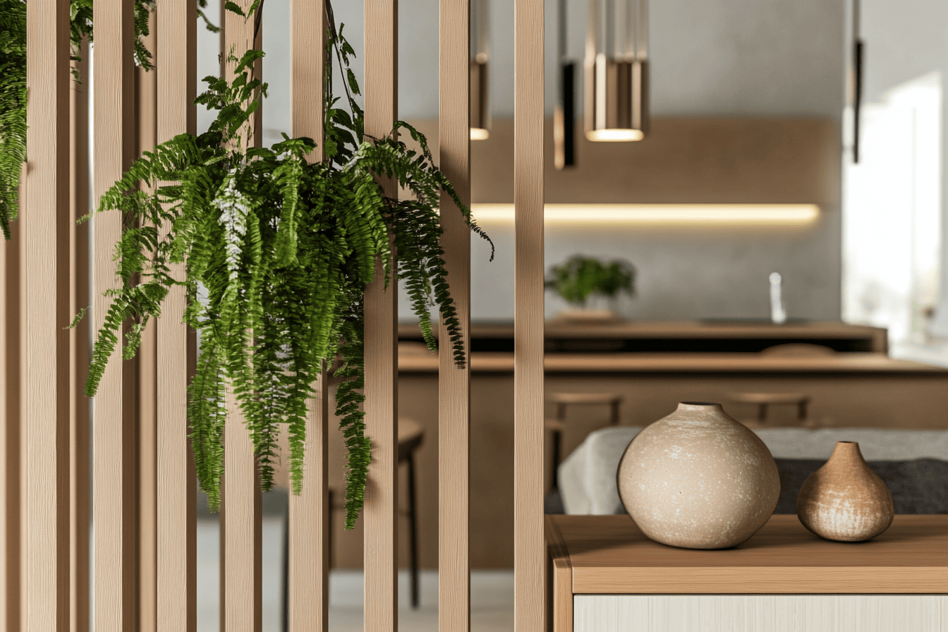Claustra en bois clair et plantes suspendues délimitant les espaces de vie