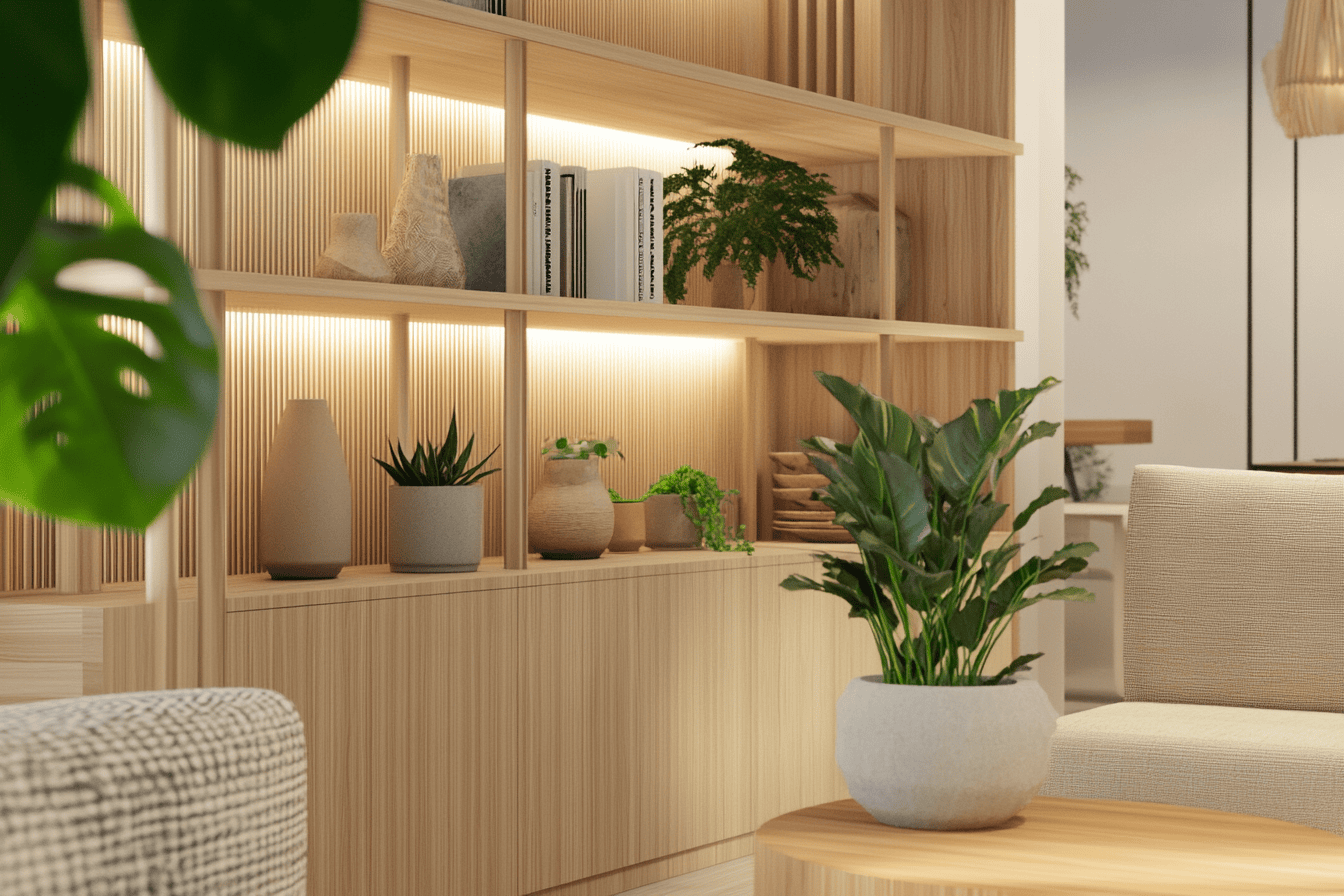 Cloison basse en bois avec niches ouvertes entre la cuisine et le salon