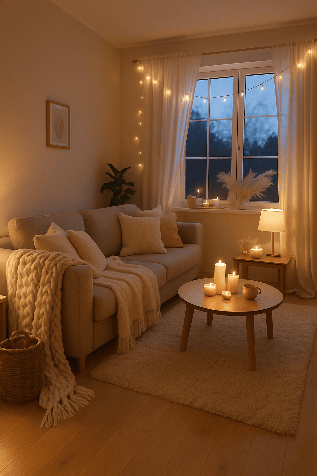Salon style cocooning scandinave avec plaid, bougies et lumières tamisées