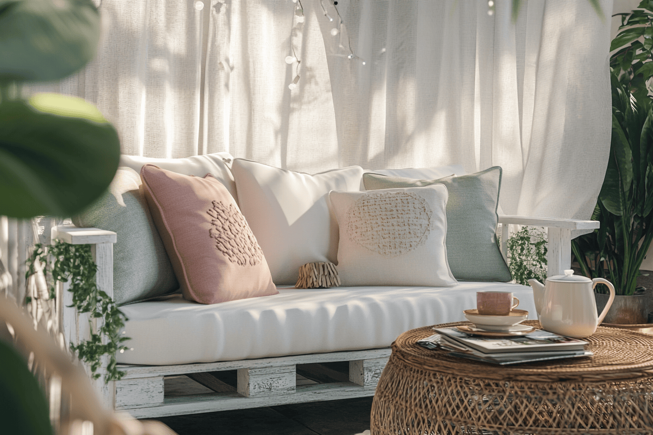 Coin détente avec canapé en palettes peintes et coussins pastel sur balcon