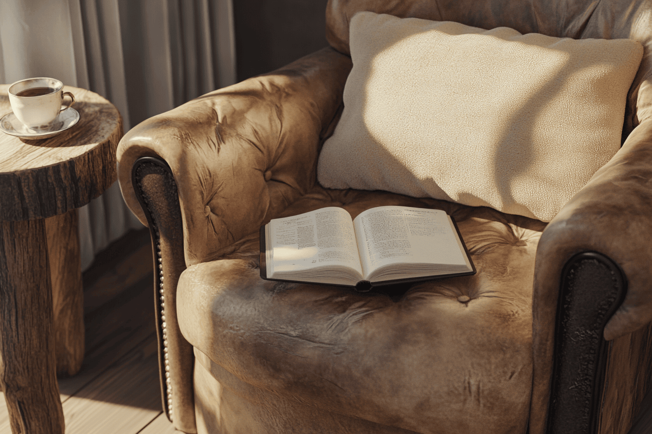 Coin lecture Wabi-Sabi avec fauteuil en cuir vieilli, coussin en velours beige et table en bois massif