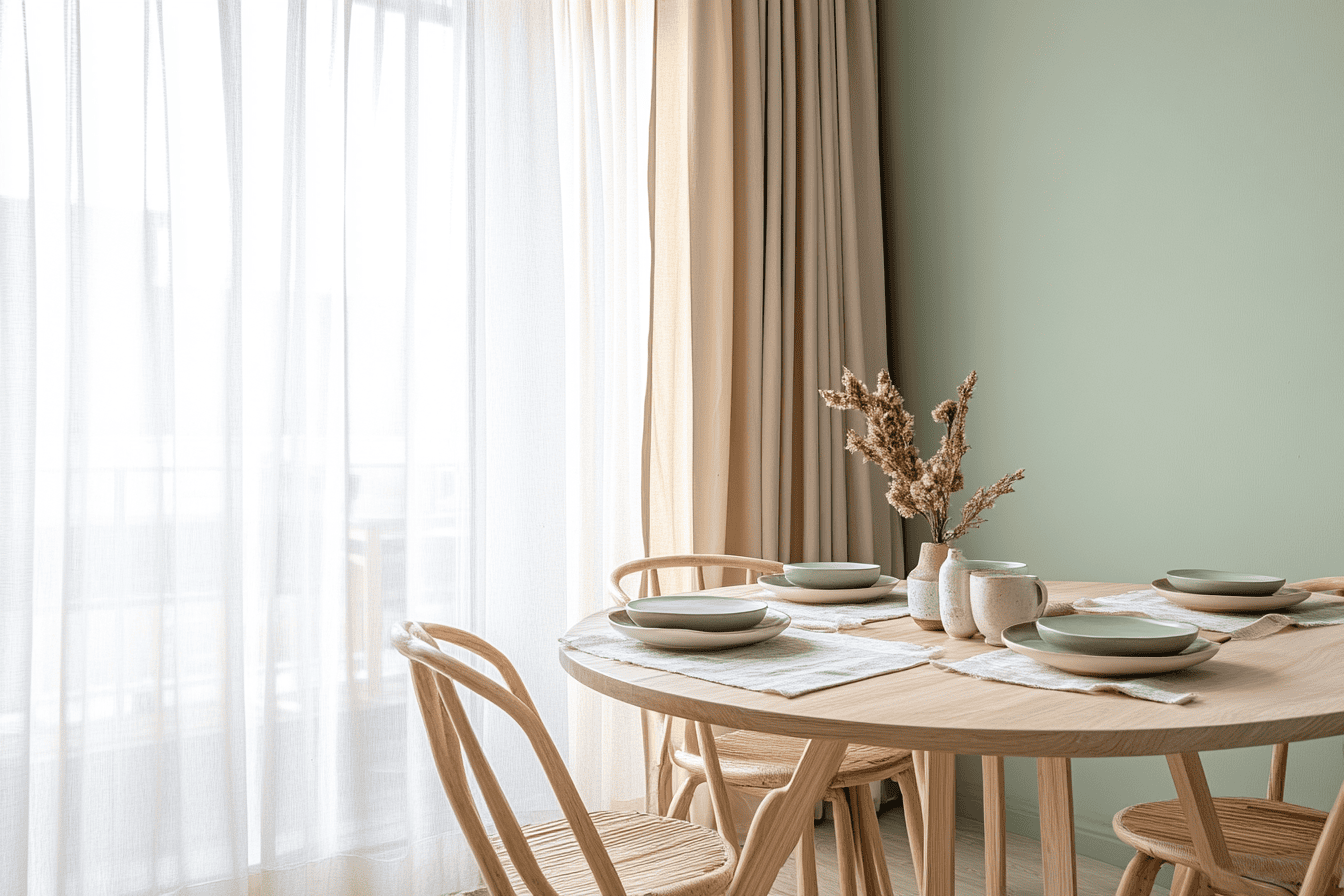 Coin repas scandinave avec mur vert d’eau, rideaux en lin et mobilier en bois clair