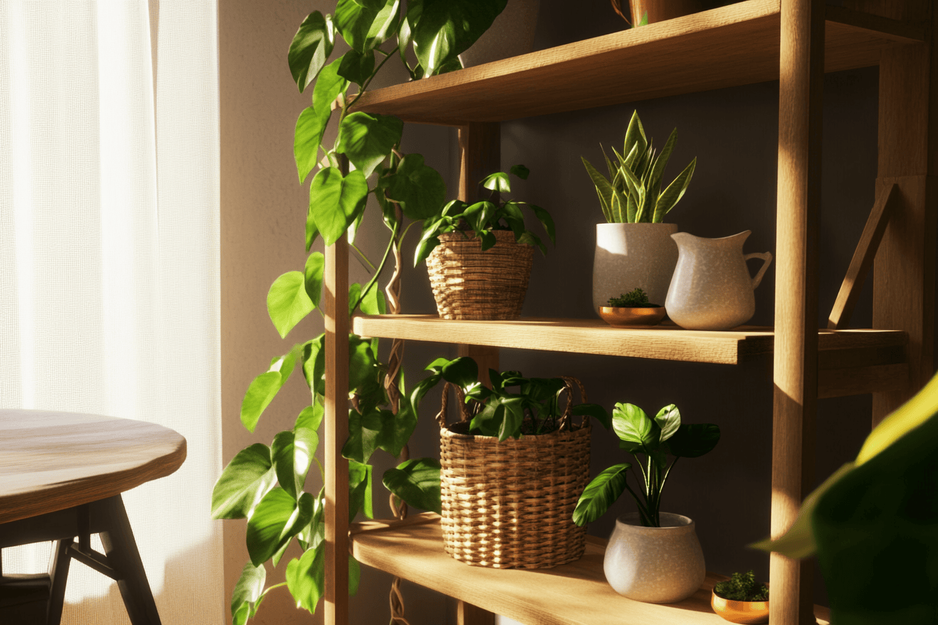 Espace salle à manger cosy avec plantes vertes et pots tressés décoratifs