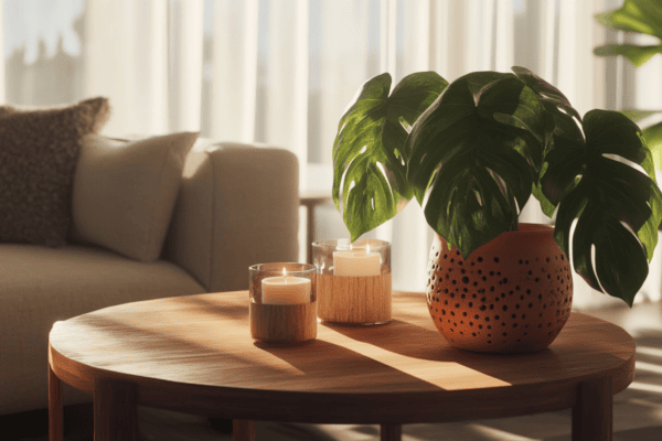 Coin salon avec Monstera en pot terre cuite et table basse décorée de bougies parfumées